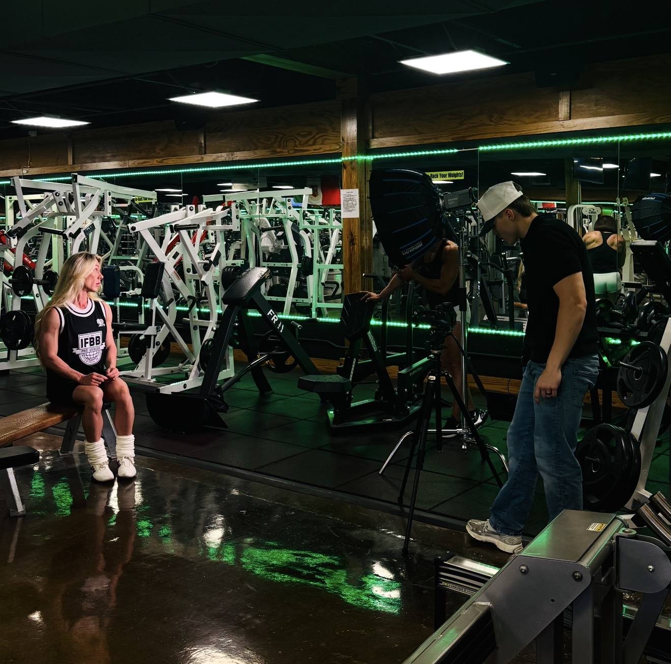 Lighting an IFBB Pro athlete for a photo shoot on the gym floor